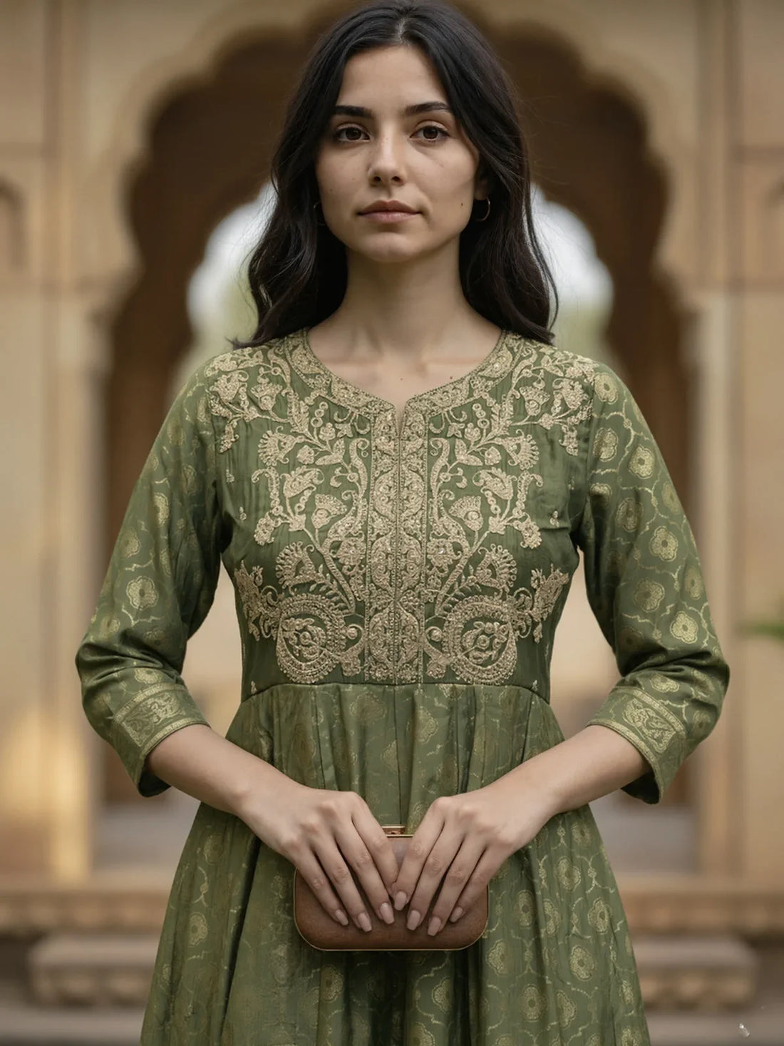 Buy Poly Viscose Embroidered Anarkali Calf Length Kurta-Green
