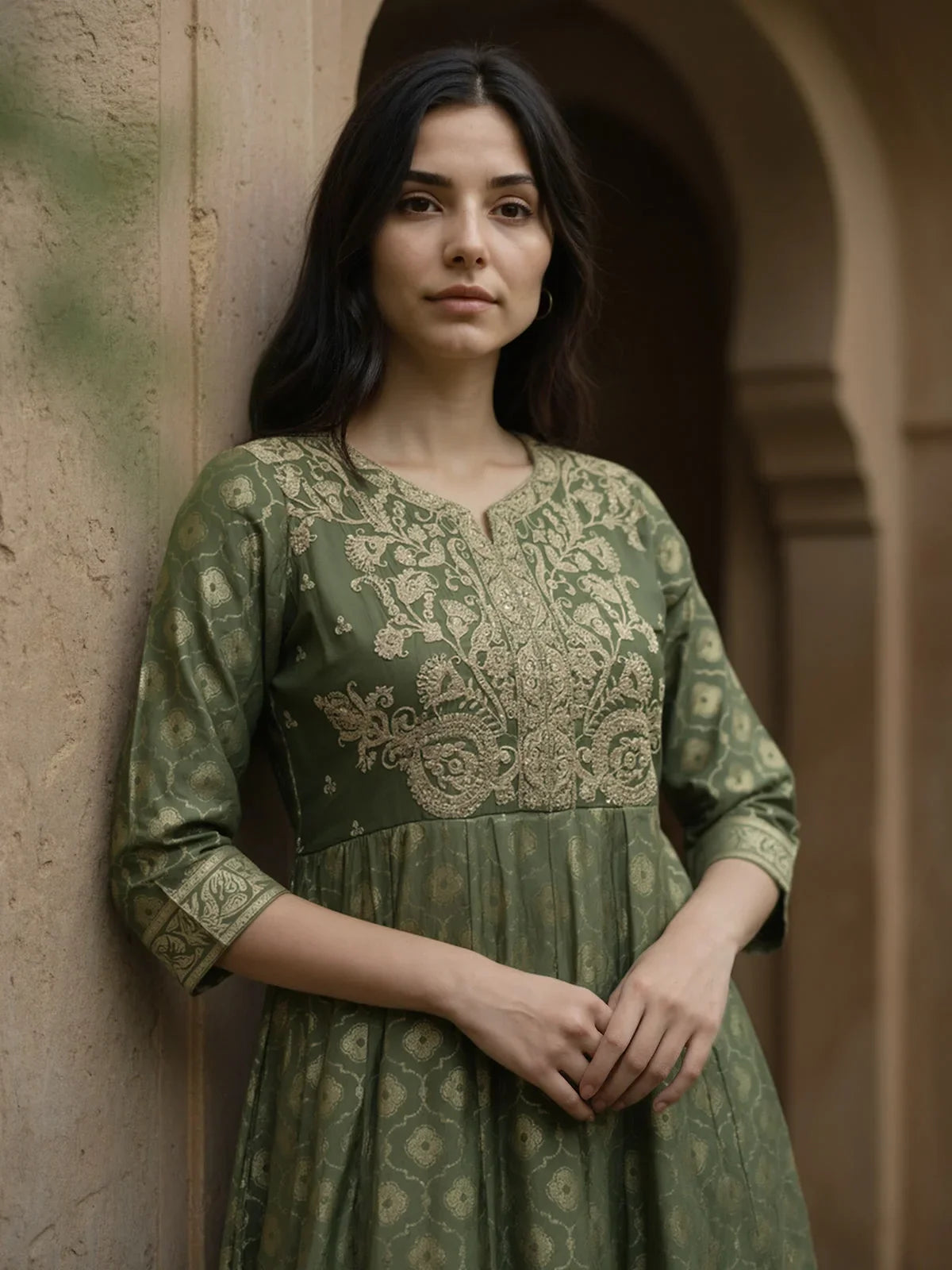 Buy Poly Viscose Embroidered Anarkali Calf Length Kurta-Green