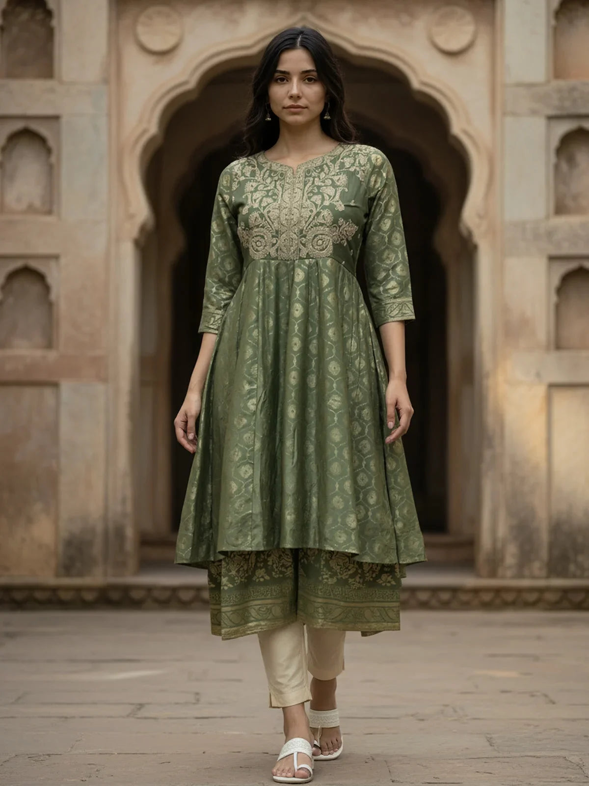 Buy Poly Viscose Embroidered Anarkali Calf Length Kurta-Green