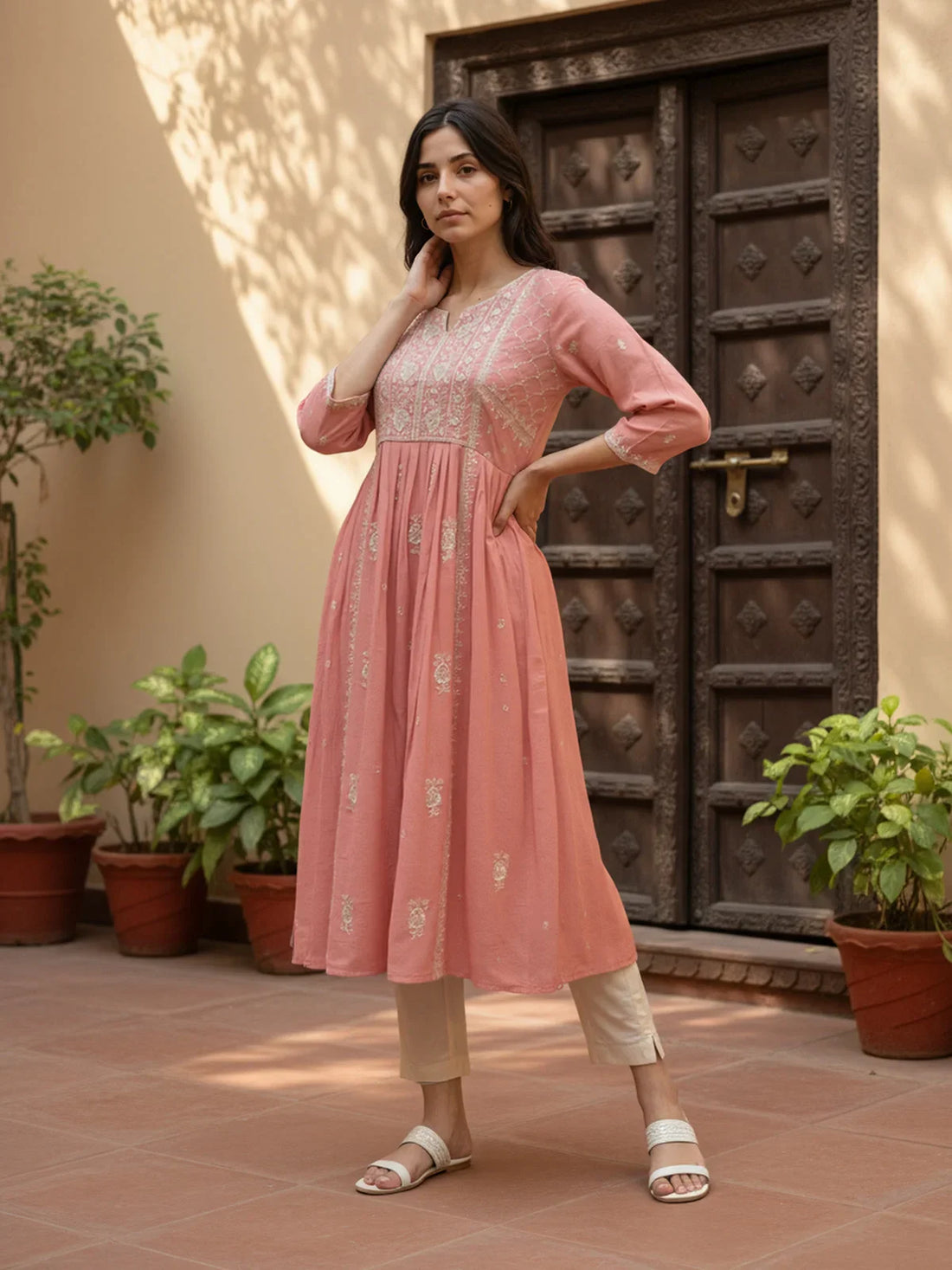 Buy Rayon Blend Embroidered Flared Calf Length Kurta-Peach
