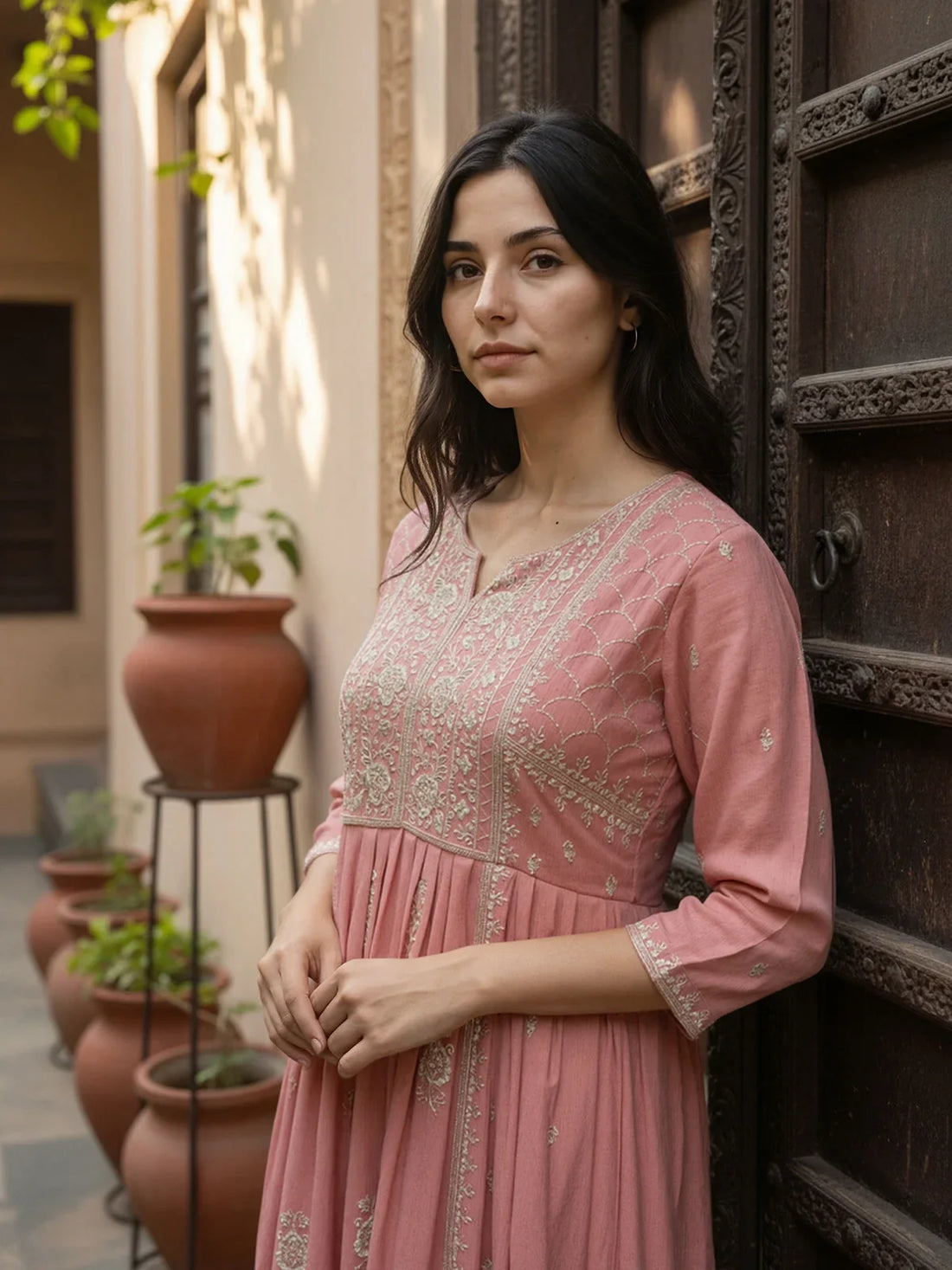 Buy Rayon Blend Embroidered Flared Calf Length Kurta-Peach
