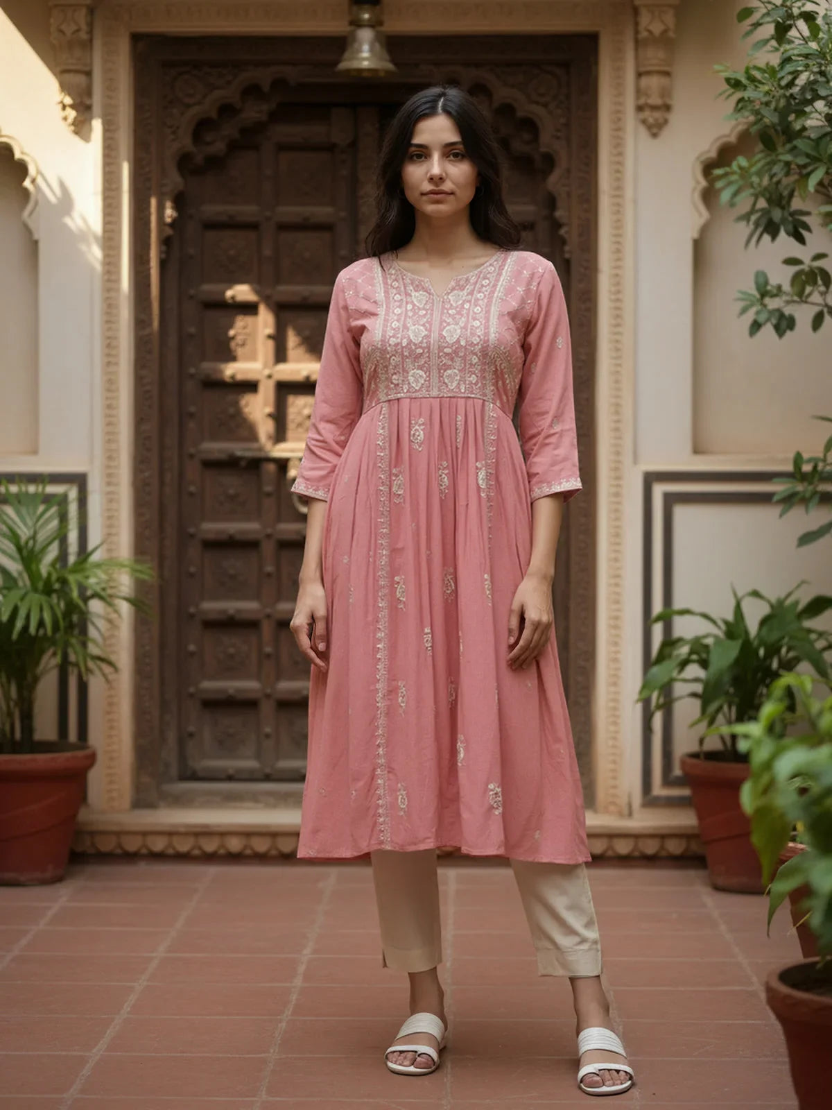 Buy Rayon Blend Embroidered Flared Calf Length Kurta-Peach