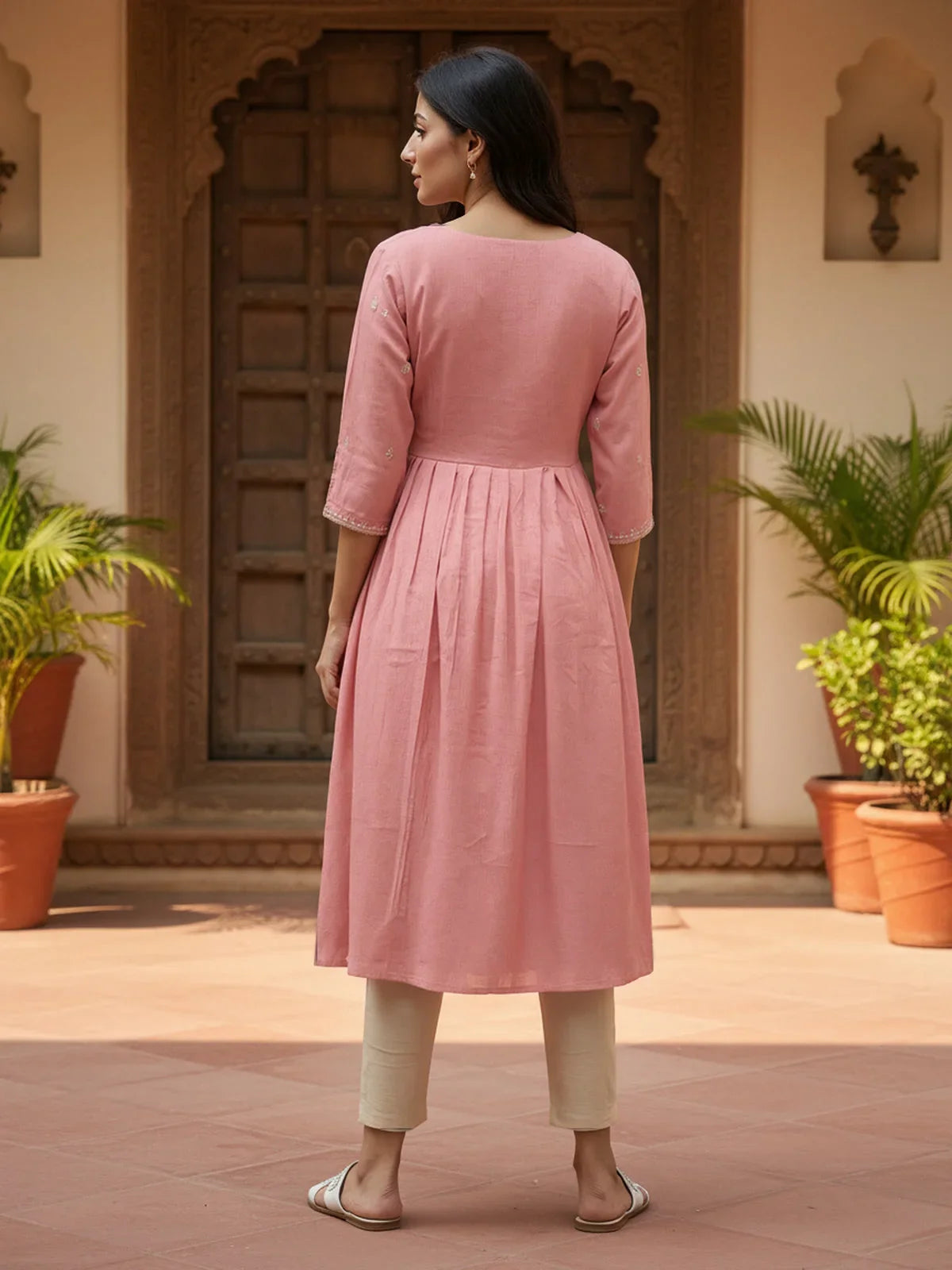 Buy Rayon Blend Embroidered Flared Calf Length Kurta-Peach