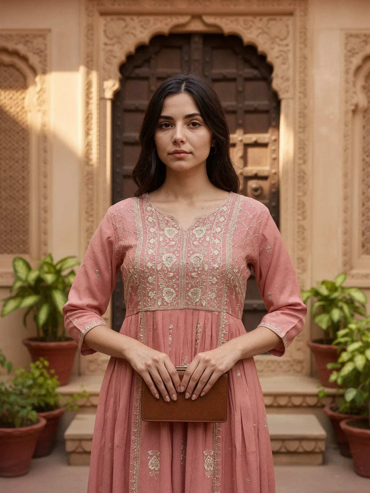 Buy Rayon Blend Embroidered Flared Calf Length Kurta-Peach
