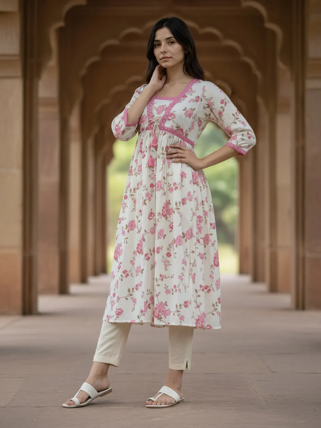 Buy Poly Viscose Embroidered Flared Calf Length Kurta-White