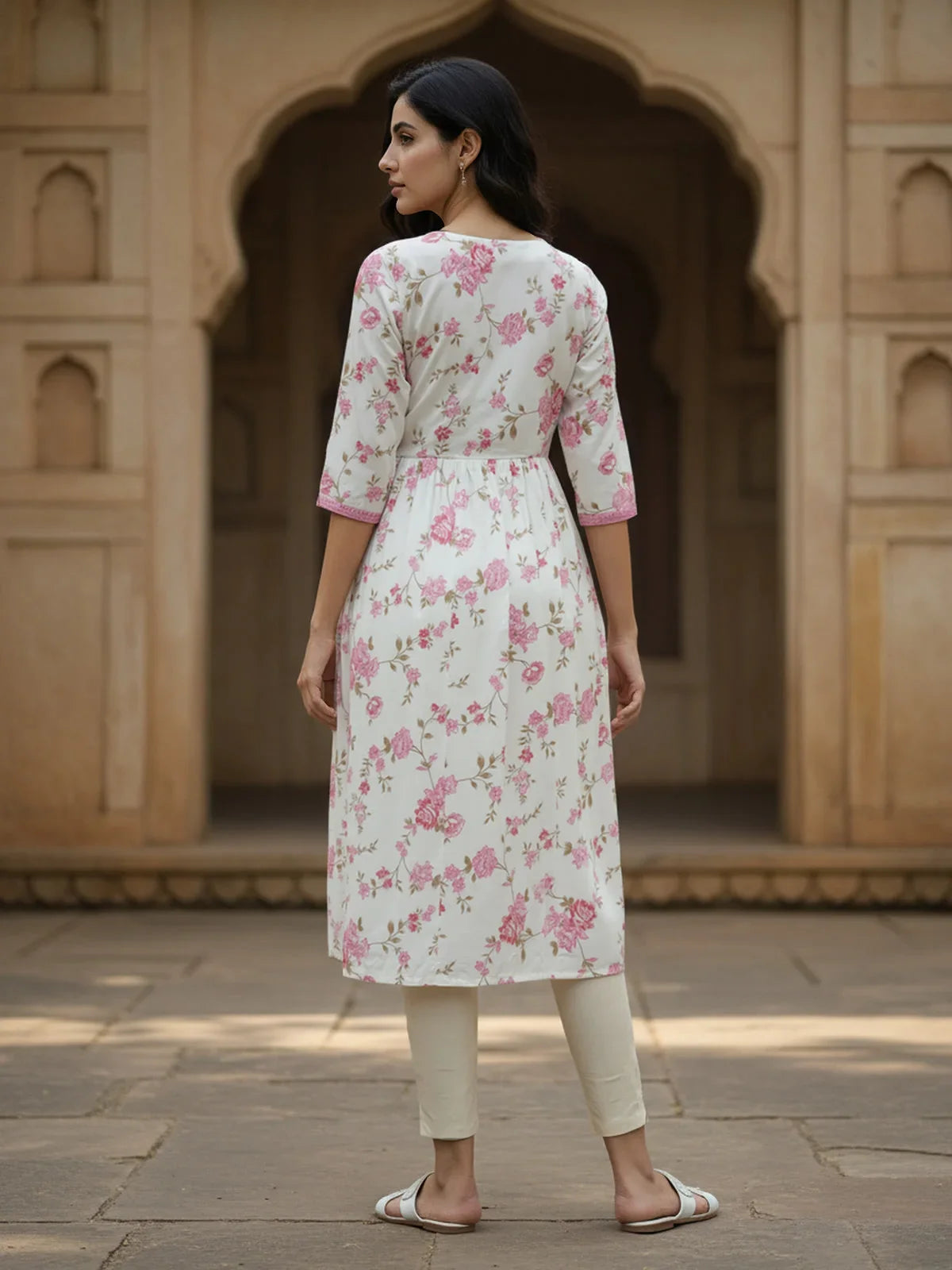 Buy Poly Viscose Embroidered Flared Calf Length Kurta-White