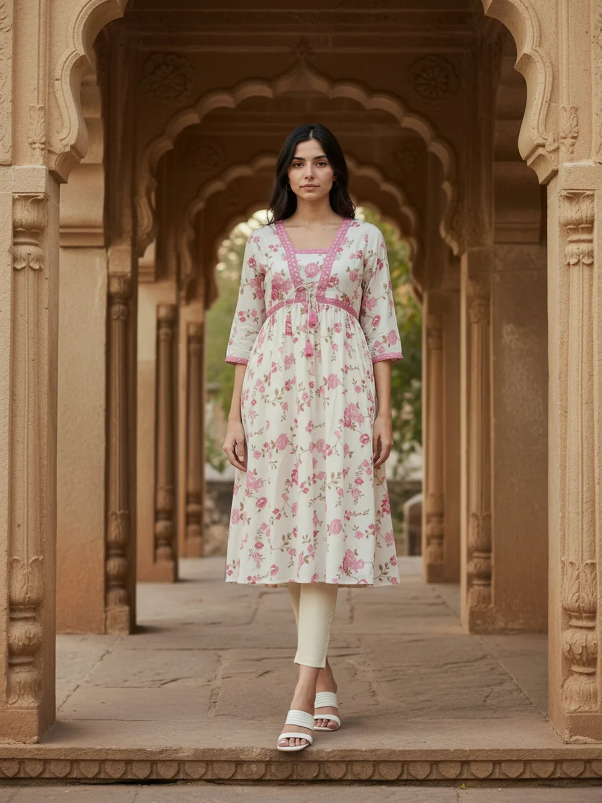 Buy Poly Viscose Embroidered Flared Calf Length Kurta-White