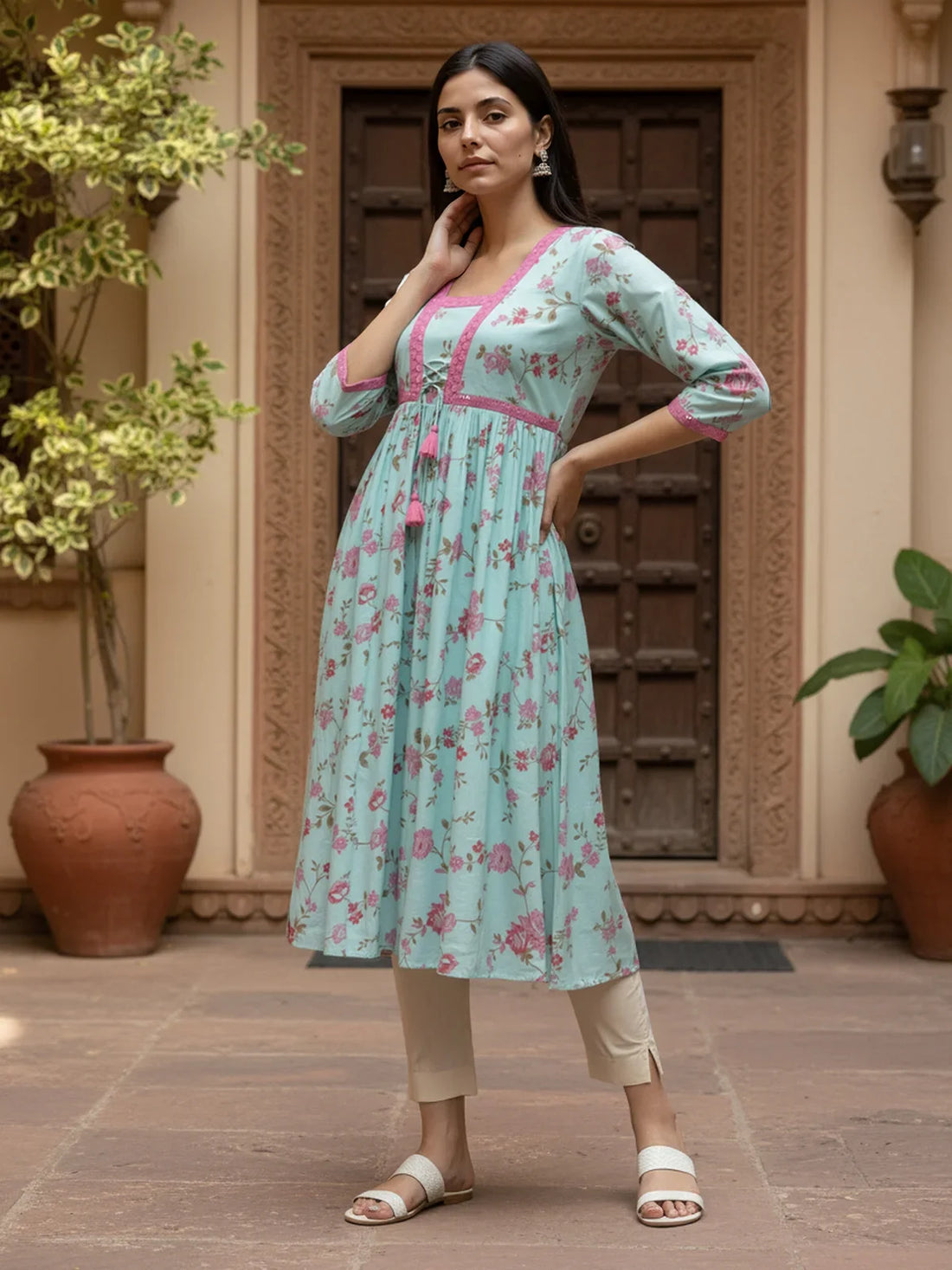 Buy Poly Viscose Embroidered Flared Calf Length Kurta-Sea Green