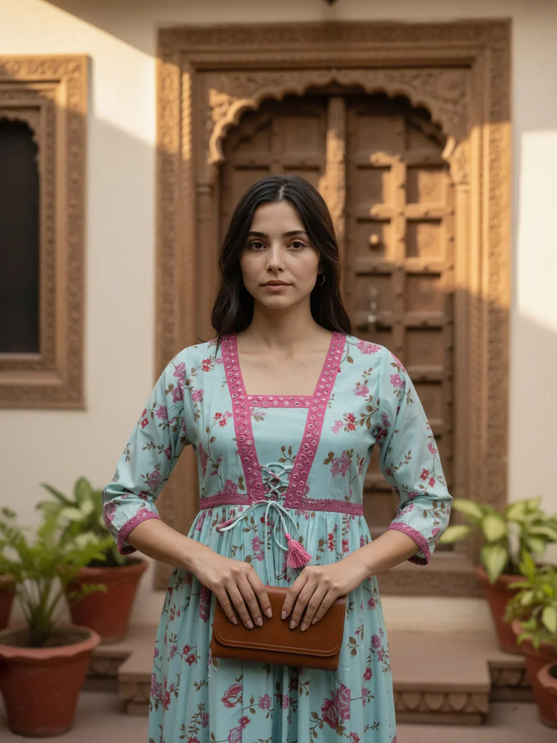 Buy Poly Viscose Embroidered Flared Calf Length Kurta-Sea Green