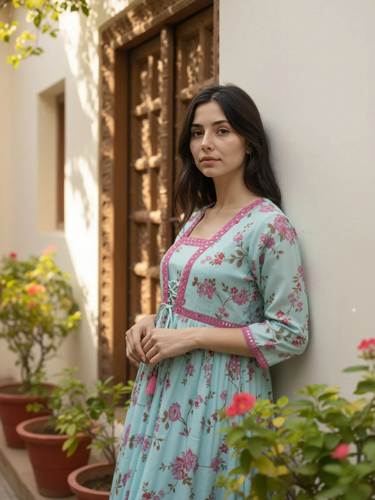 Buy Poly Viscose Embroidered Flared Calf Length Kurta-Sea Green