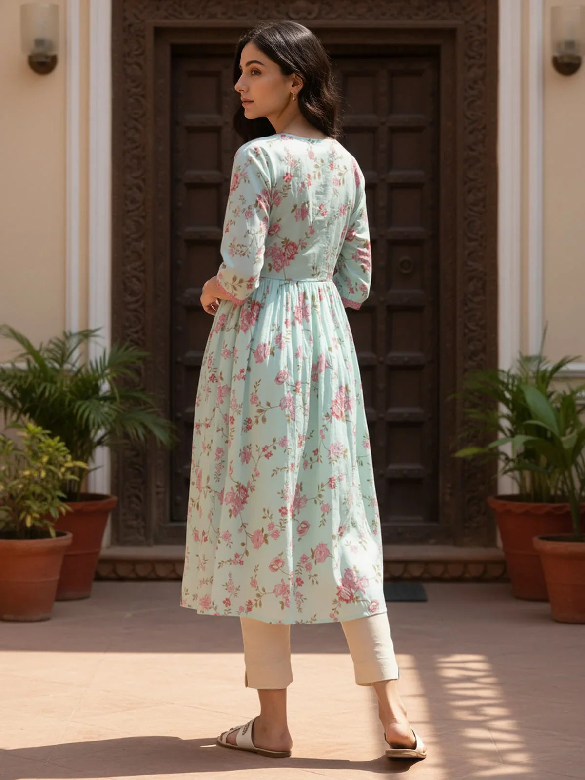 Buy Poly Viscose Embroidered Flared Calf Length Kurta-Sea Green