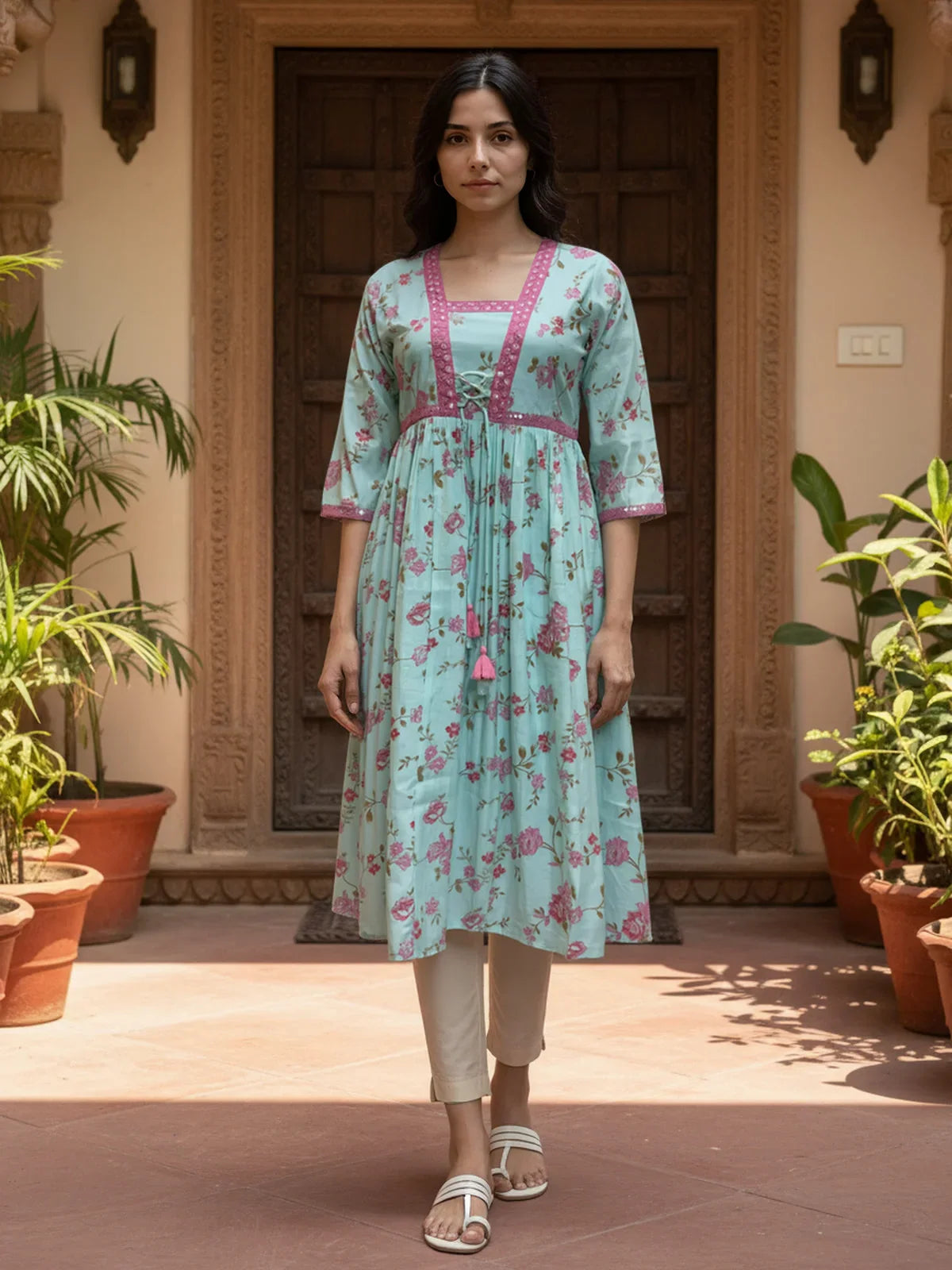Buy Poly Viscose Embroidered Flared Calf Length Kurta-Sea Green