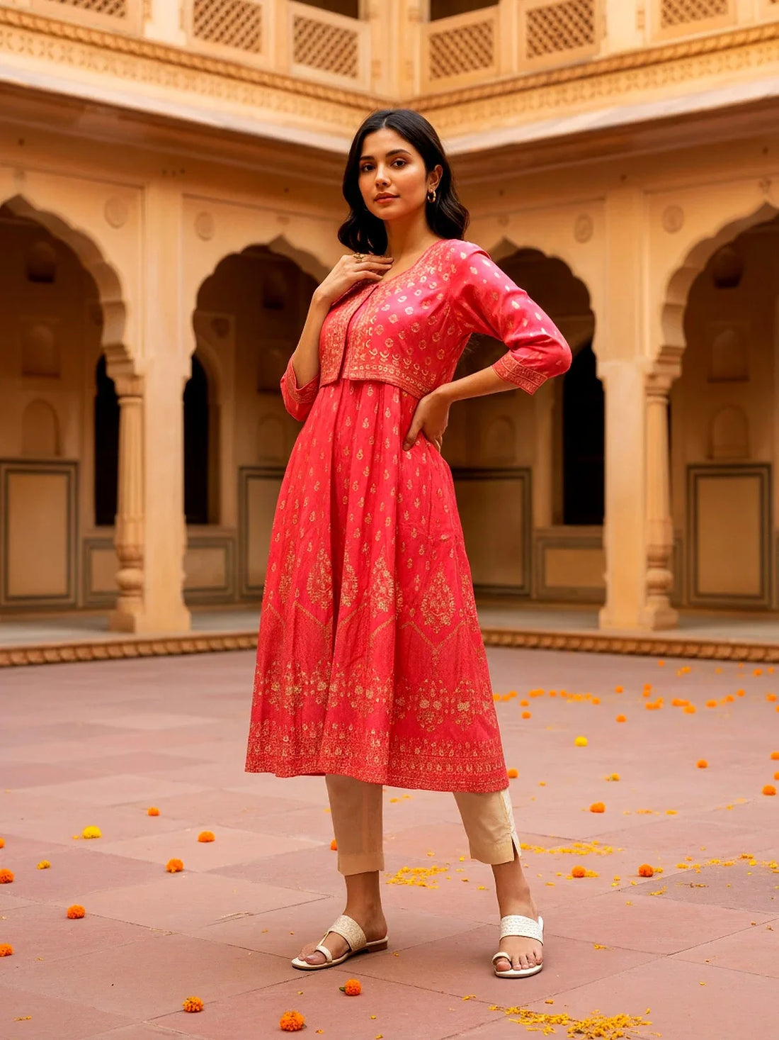Buy Viscose Poly Printed Anarkali Calf Length Kurta-Coral