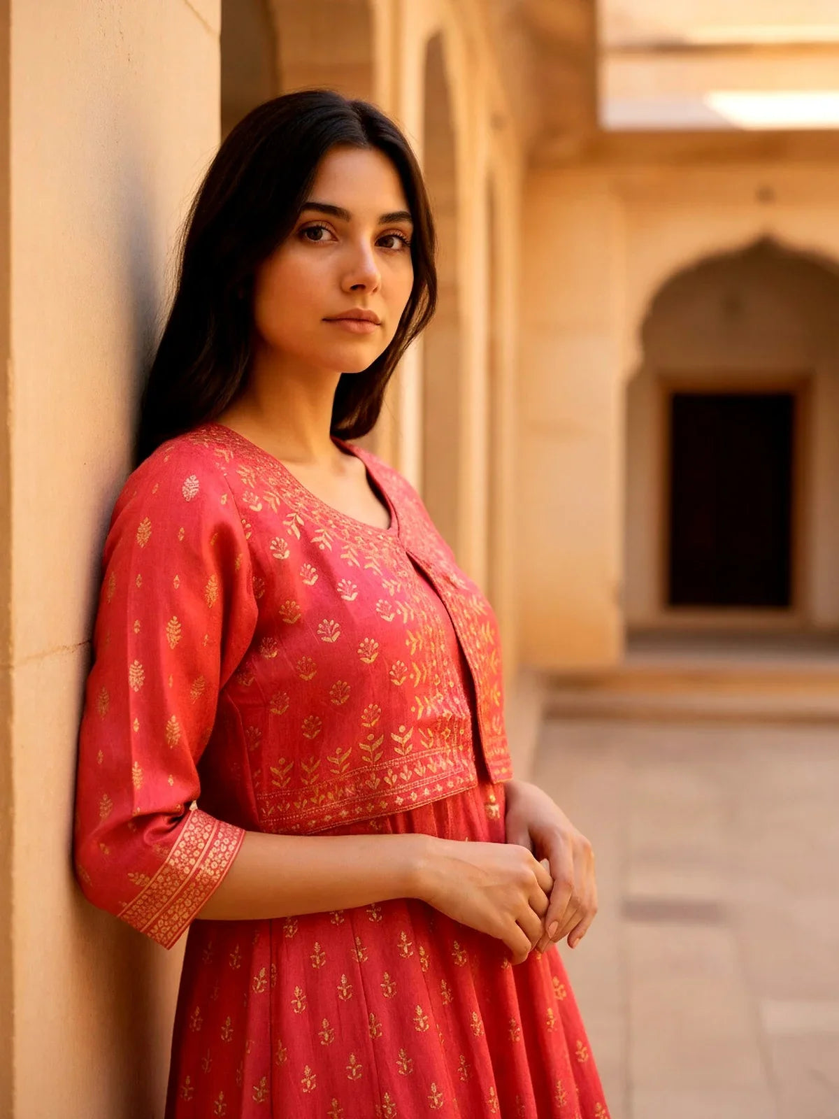 Buy Viscose Poly Printed Anarkali Calf Length Kurta-Coral