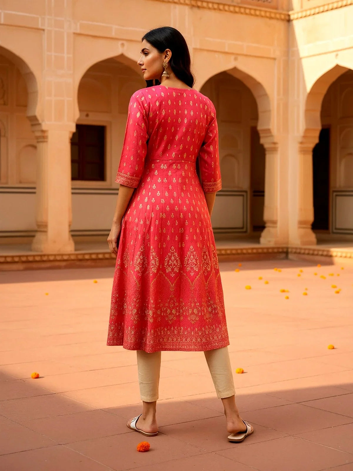 Buy Viscose Poly Printed Anarkali Calf Length Kurta-Coral