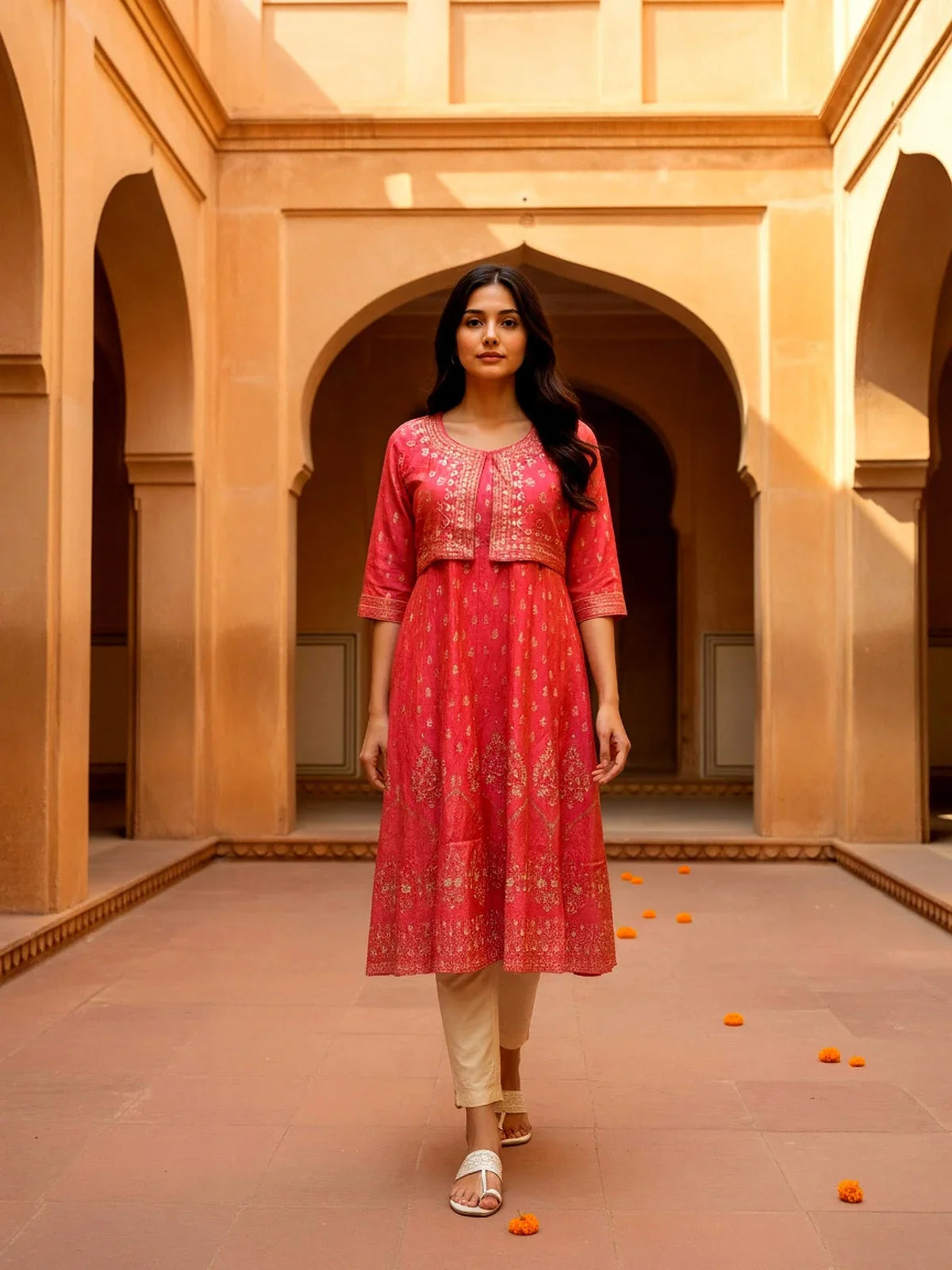 Buy Viscose Poly Printed Anarkali Calf Length Kurta-Coral