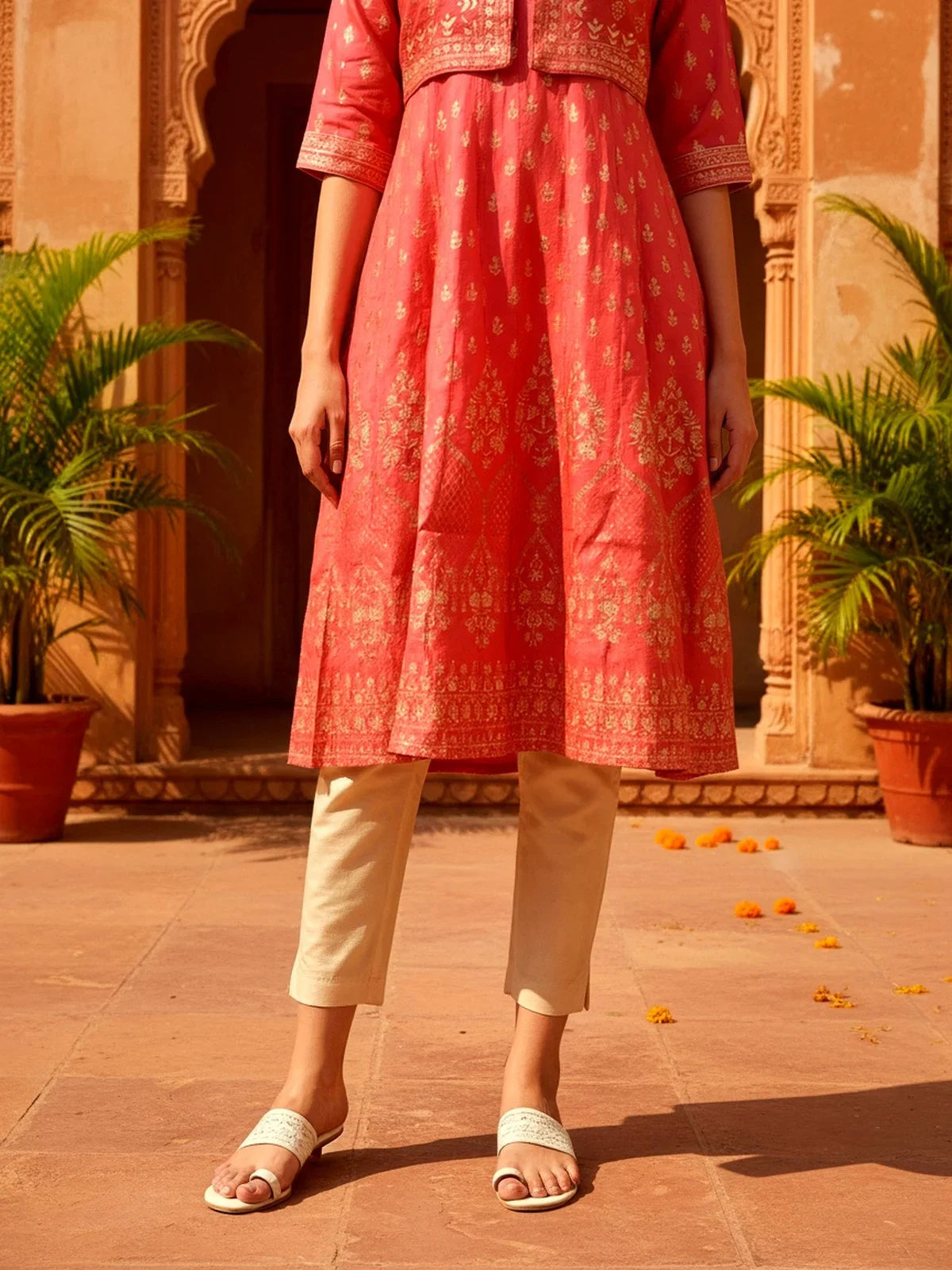 Buy Viscose Poly Printed Anarkali Calf Length Kurta-Coral
