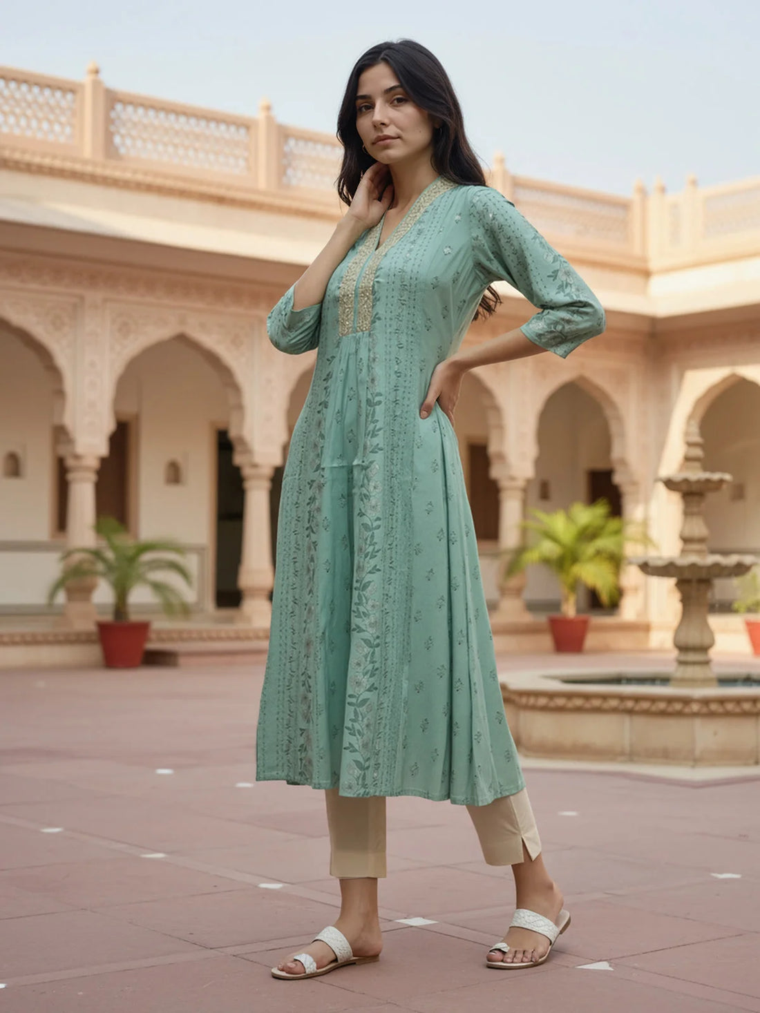 Buy Viscose Poly Embroidered Flared Calf Length Kurta-Green