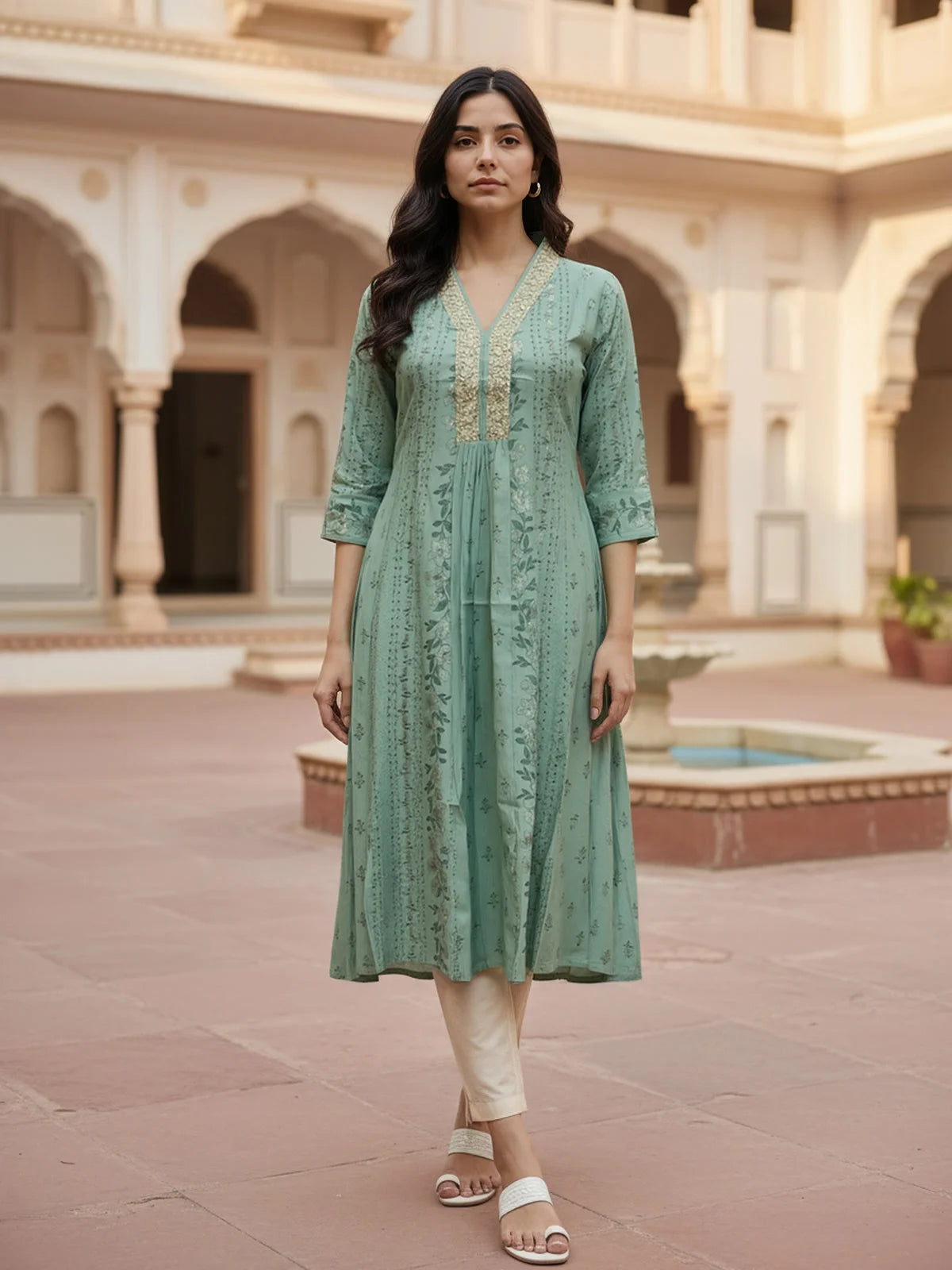 Buy Viscose Poly Embroidered Flared Calf Length Kurta-Green