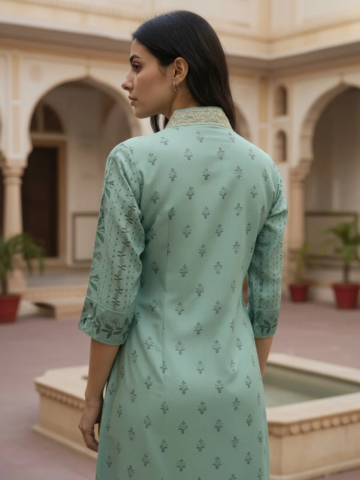 Buy Viscose Poly Embroidered Flared Calf Length Kurta-Green