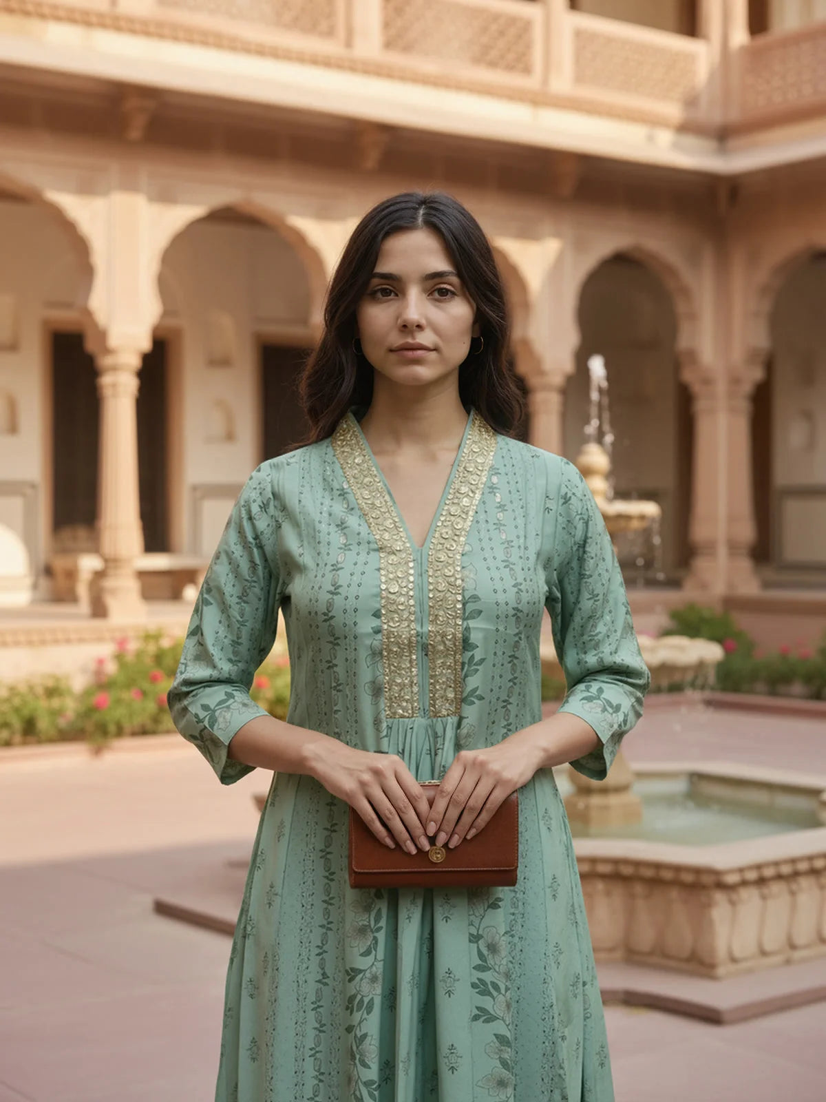 Buy Viscose Poly Embroidered Flared Calf Length Kurta-Green