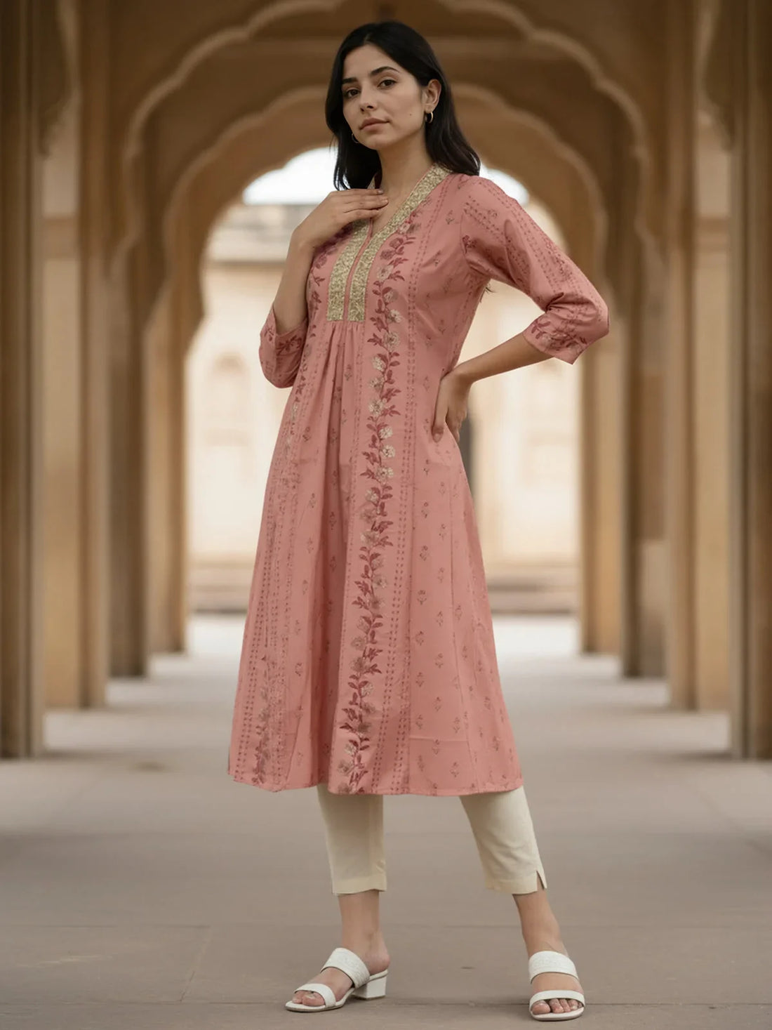 Buy Viscose Poly Embroidered Flared Calf Length Kurta-Peach