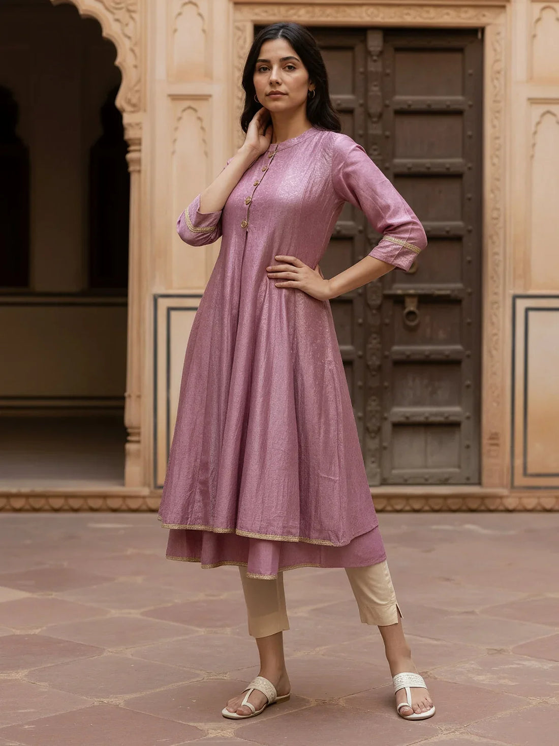 Buy Poly Viscose Printed Layered Calf Length Anarakali Kurta-Pink