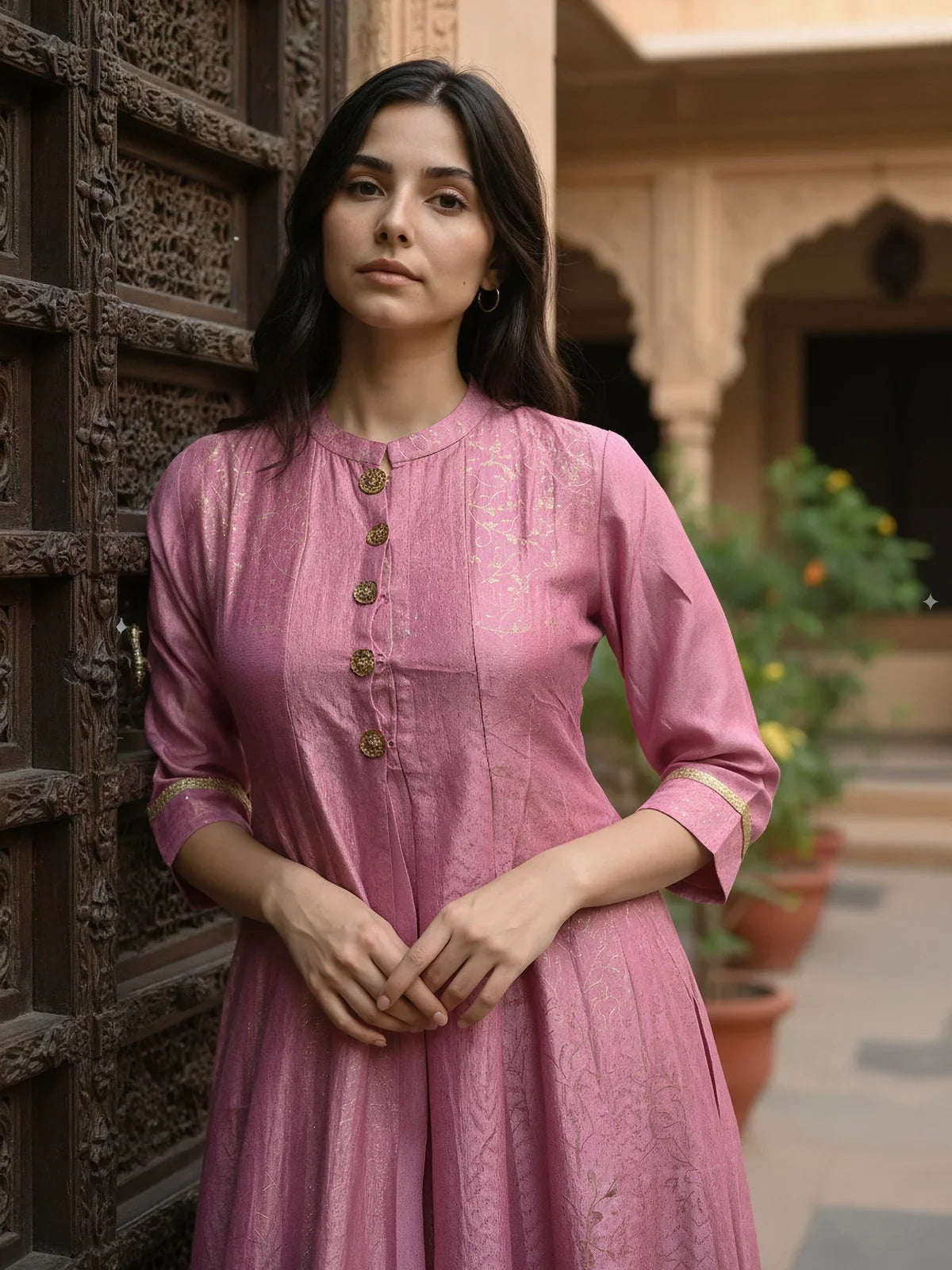 Buy Poly Viscose Printed Layered Calf Length Anarakali Kurta-Pink