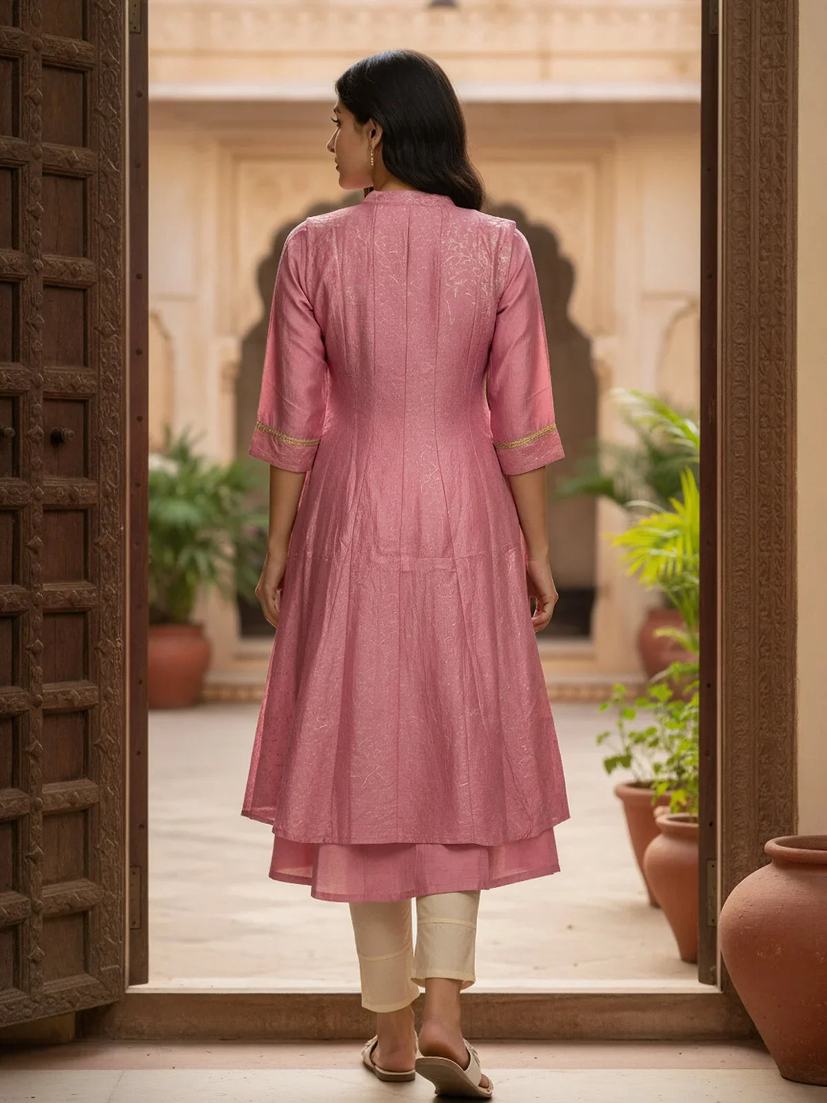 Buy Poly Viscose Printed Layered Calf Length Anarakali Kurta-Pink