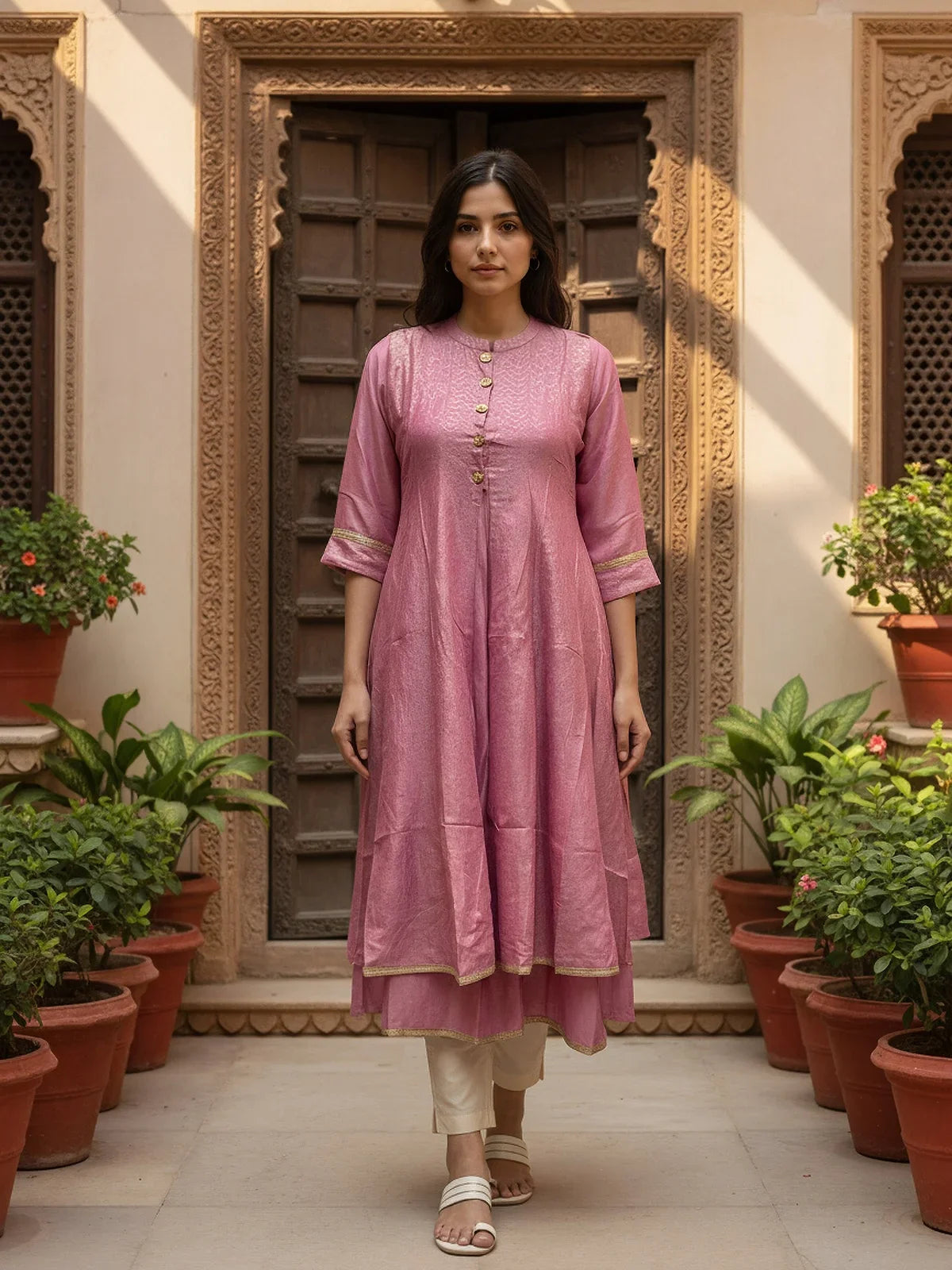 Buy Poly Viscose Printed Layered Calf Length Anarakali Kurta-Pink