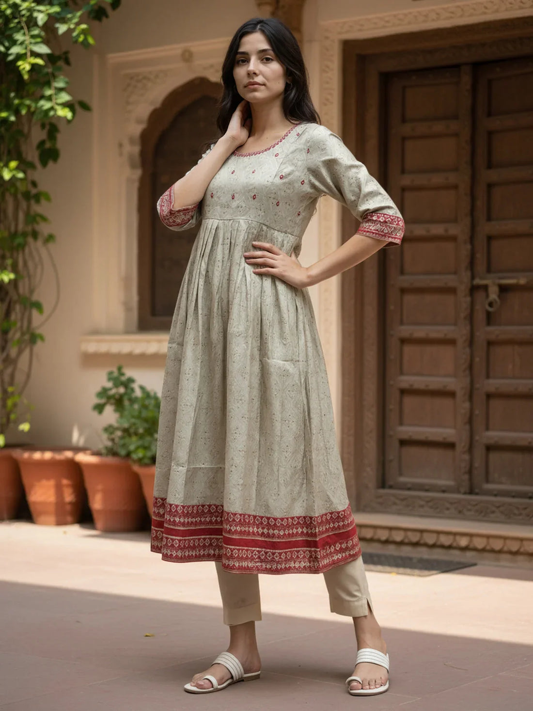 Buy Poly Viscose Embroidered Flared Calf Length Kurta-Grey