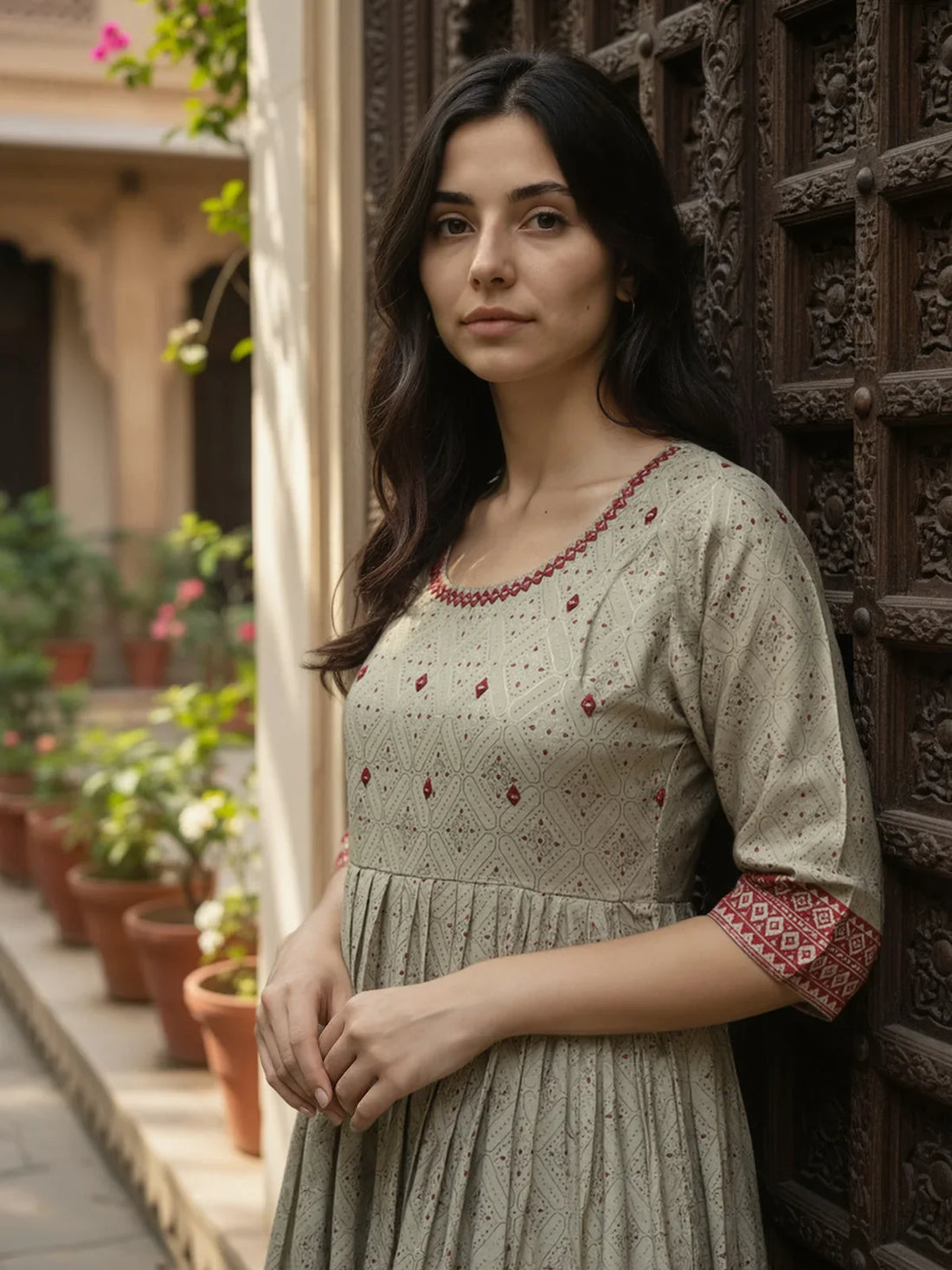 Buy Poly Viscose Embroidered Flared Calf Length Kurta-Grey