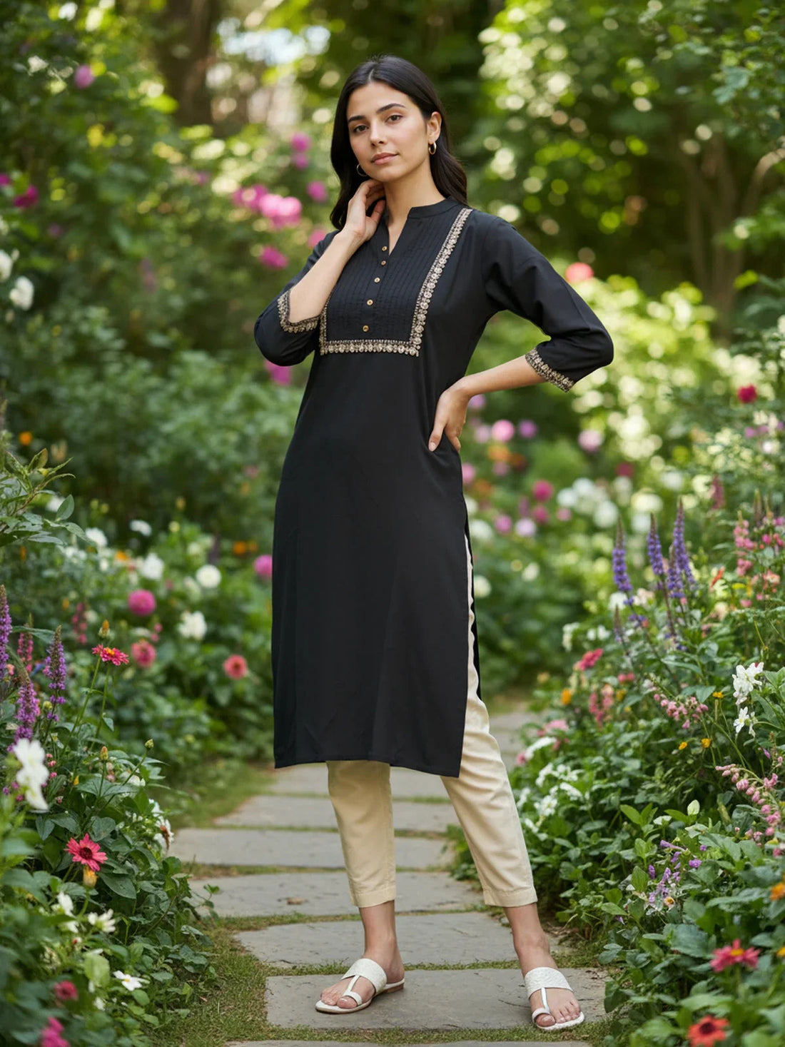 Buy Rayon Embroidered Straight Calf Length Kurta-Black
