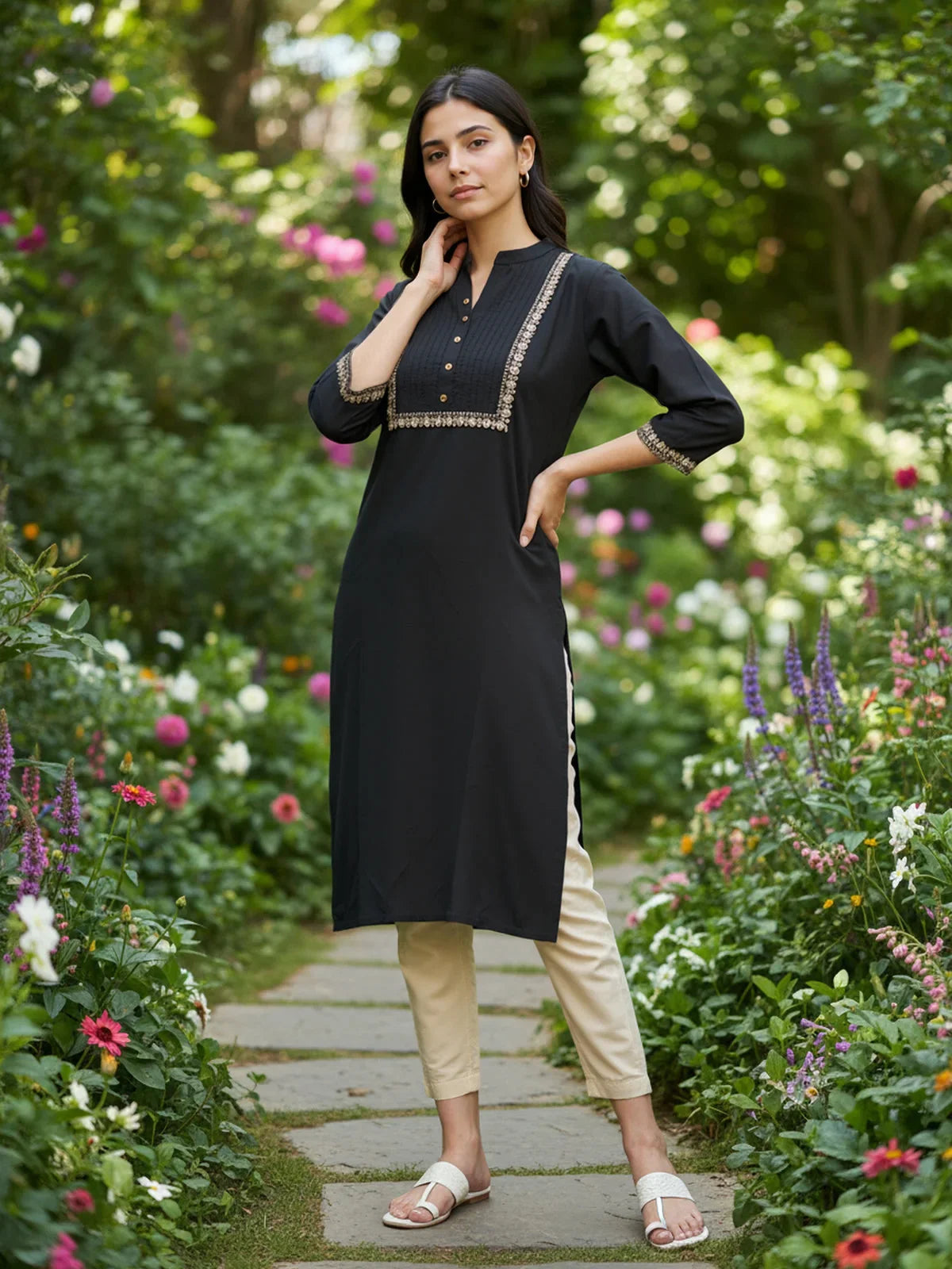 Buy Rayon Embroidered Straight Calf Length Kurta-Black