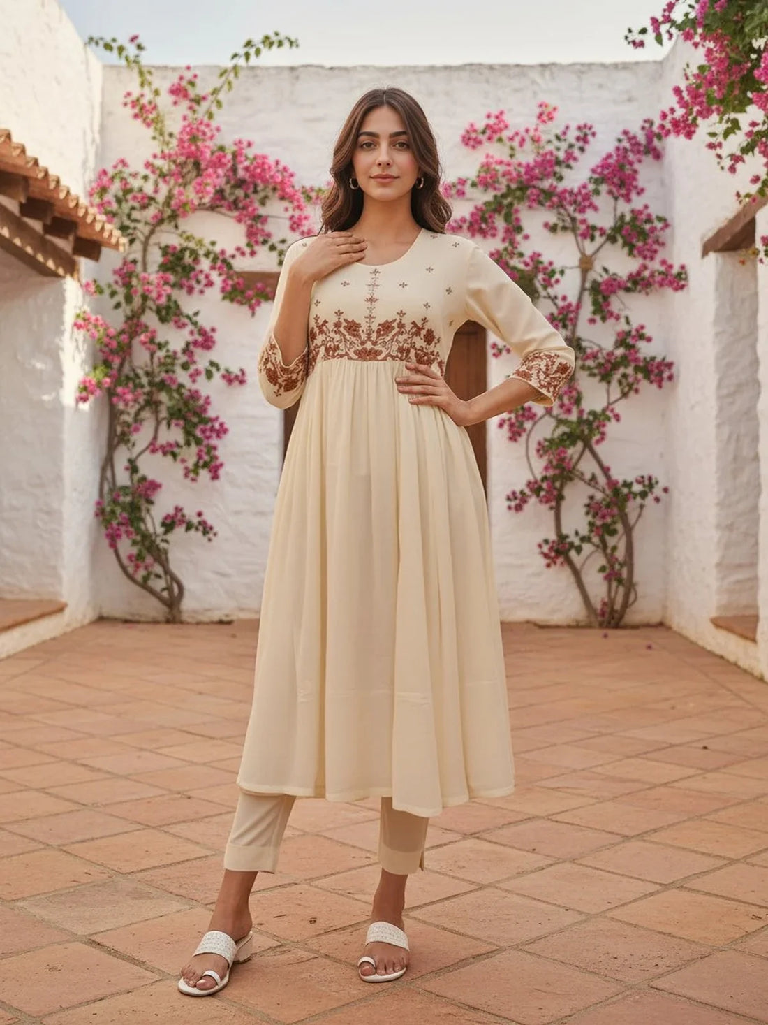 Buy Poly Viscose Embroidered Anarkali Calf Length Kurta-Off White