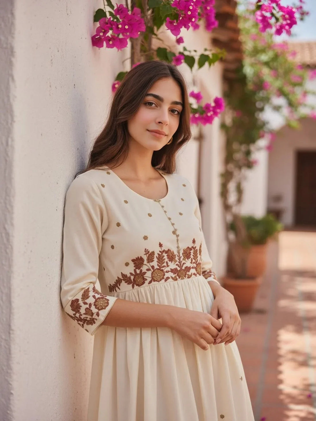 Buy Poly Viscose Embroidered Anarkali Calf Length Kurta-Off White