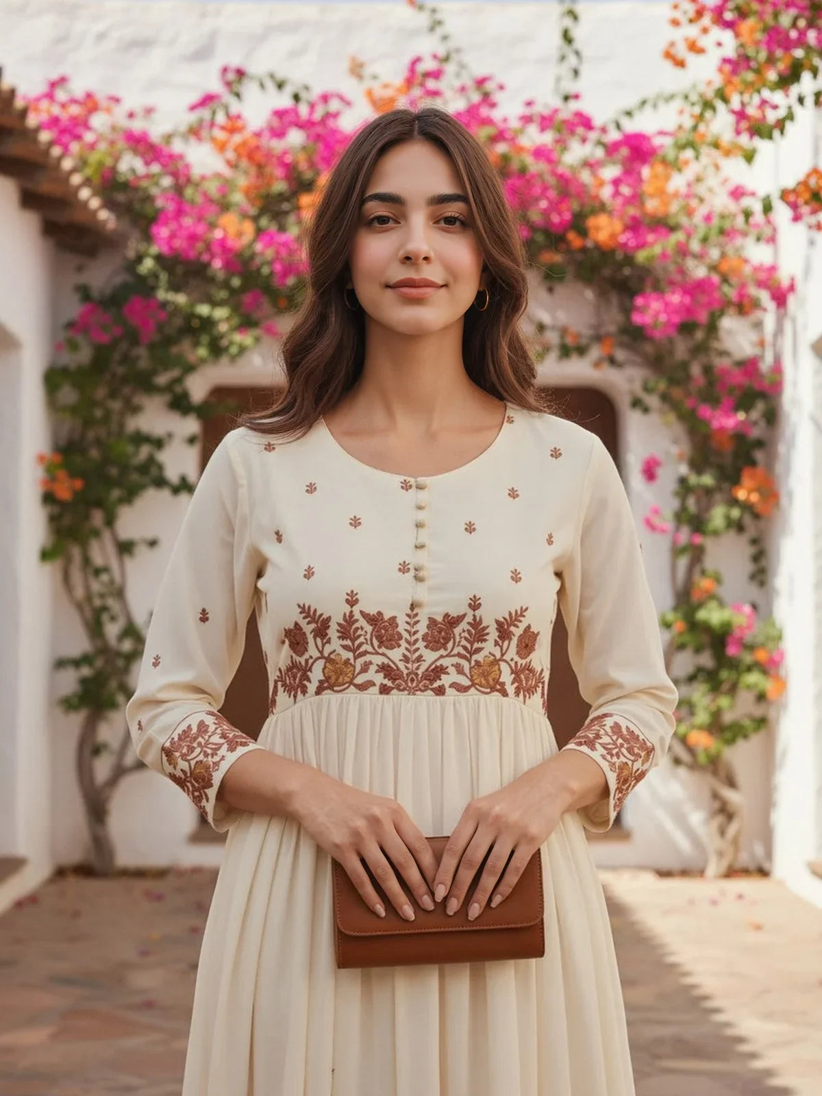 Buy Poly Viscose Embroidered Anarkali Calf Length Kurta-Off White