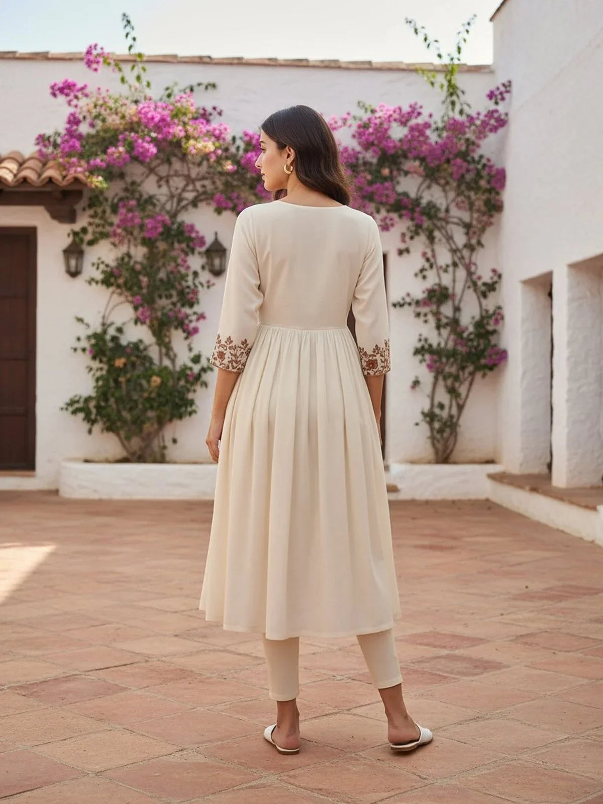 Buy Poly Viscose Embroidered Anarkali Calf Length Kurta-Off White