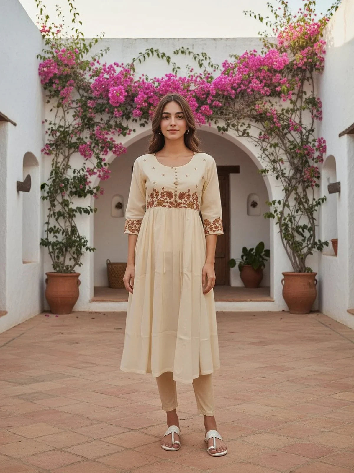 Buy Poly Viscose Embroidered Anarkali Calf Length Kurta-Off White