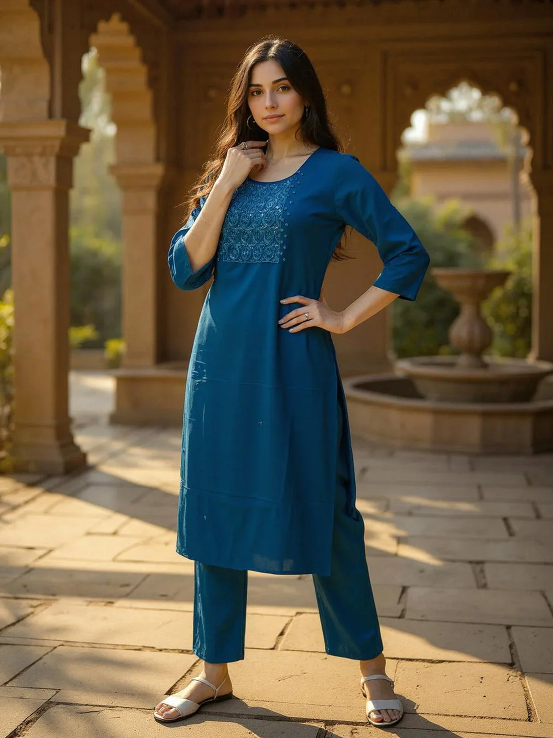 Buy Poly Viscose Embroidered Straight Calf Length Kurta with Pant-Mustard