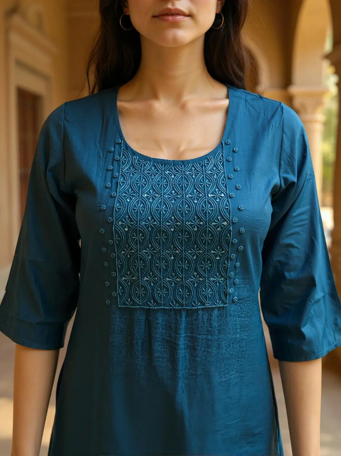 Buy Poly Viscose Embroidered Straight Calf Length Kurta with Pant-Mustard