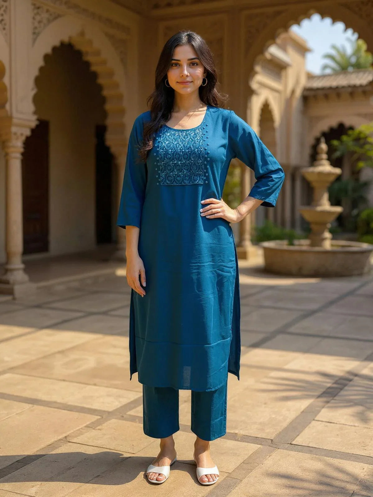 Buy Poly Viscose Embroidered Straight Calf Length Kurta with Pant-Mustard