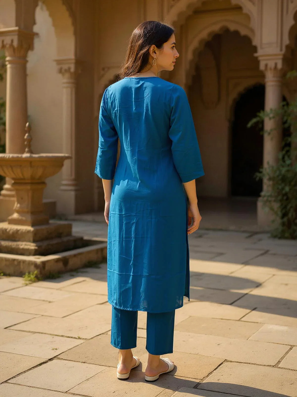Buy Poly Viscose Embroidered Straight Calf Length Kurta with Pant-Mustard