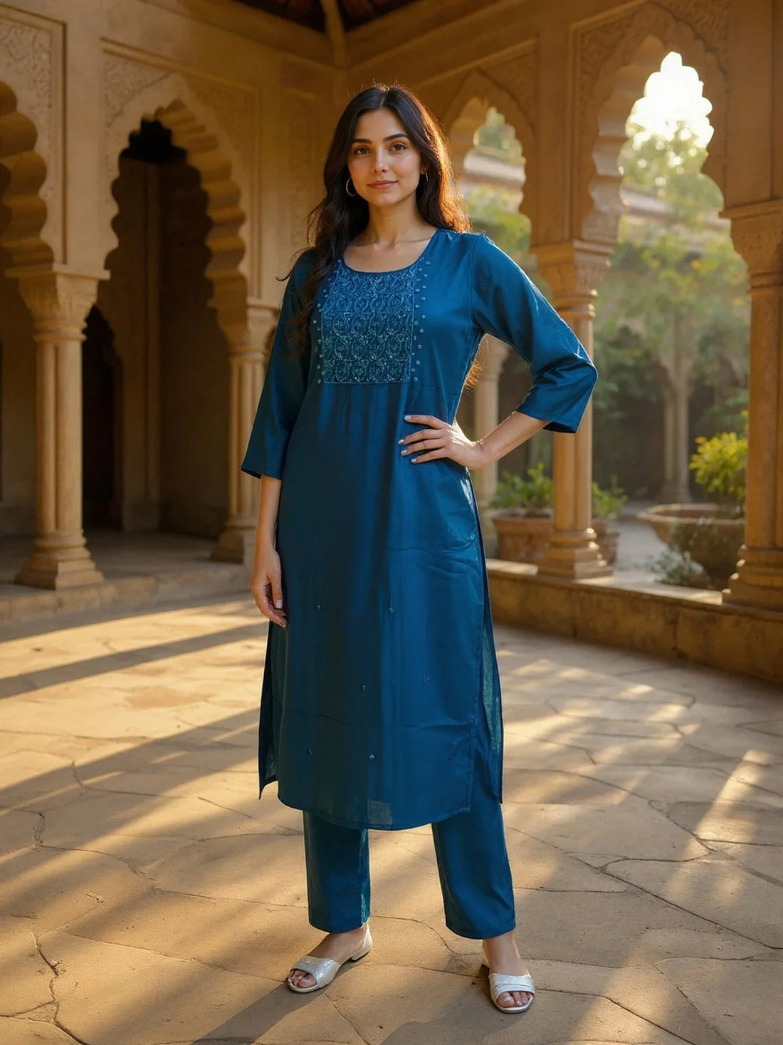 Buy Poly Viscose Embroidered Straight Calf Length Kurta with Pant-Navy Blue