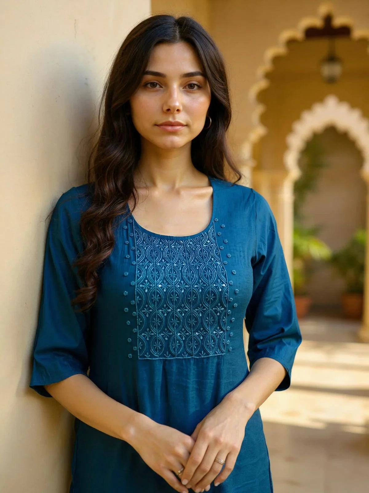 Buy Poly Viscose Embroidered Straight Calf Length Kurta with Pant-Navy Blue