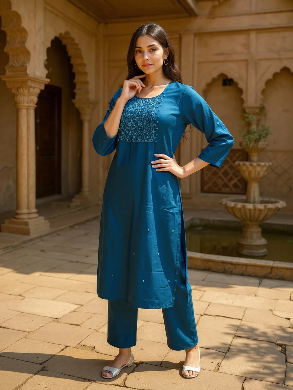 Buy Poly Viscose Embroidered Straight Calf Length Kurta with Pant-Navy Blue