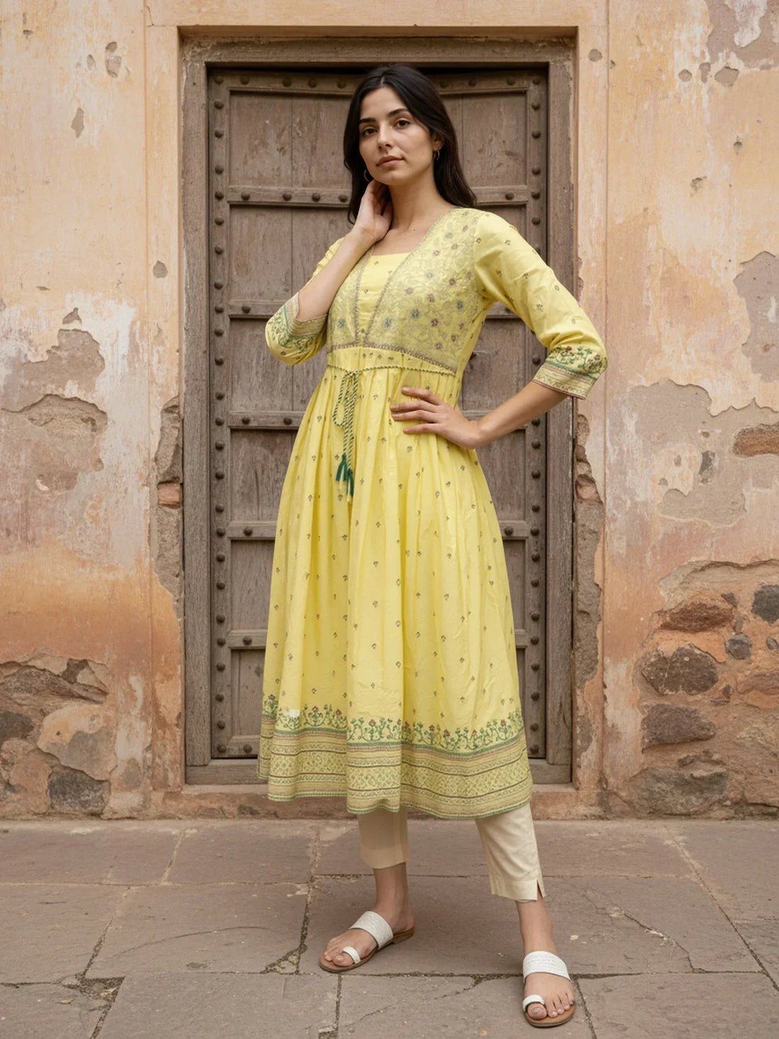 Buy Viscose Poly Embroidered Anarkali Calf Length Kurta-Yellow