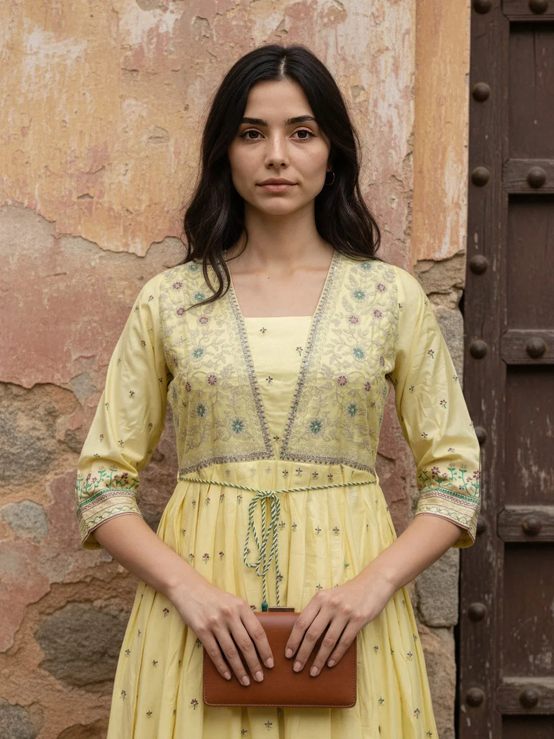 Buy Viscose Poly Embroidered Anarkali Calf Length Kurta-Yellow