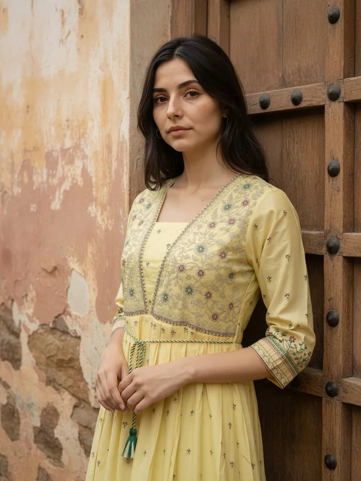 Buy Viscose Poly Embroidered Anarkali Calf Length Kurta-Yellow