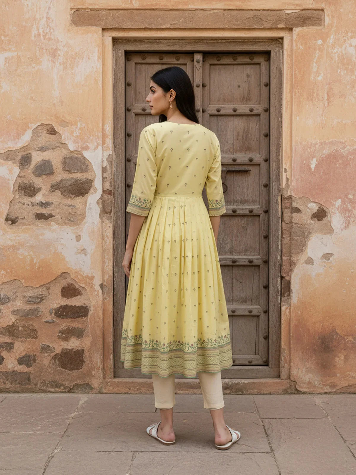 Buy Viscose Poly Embroidered Anarkali Calf Length Kurta-Yellow